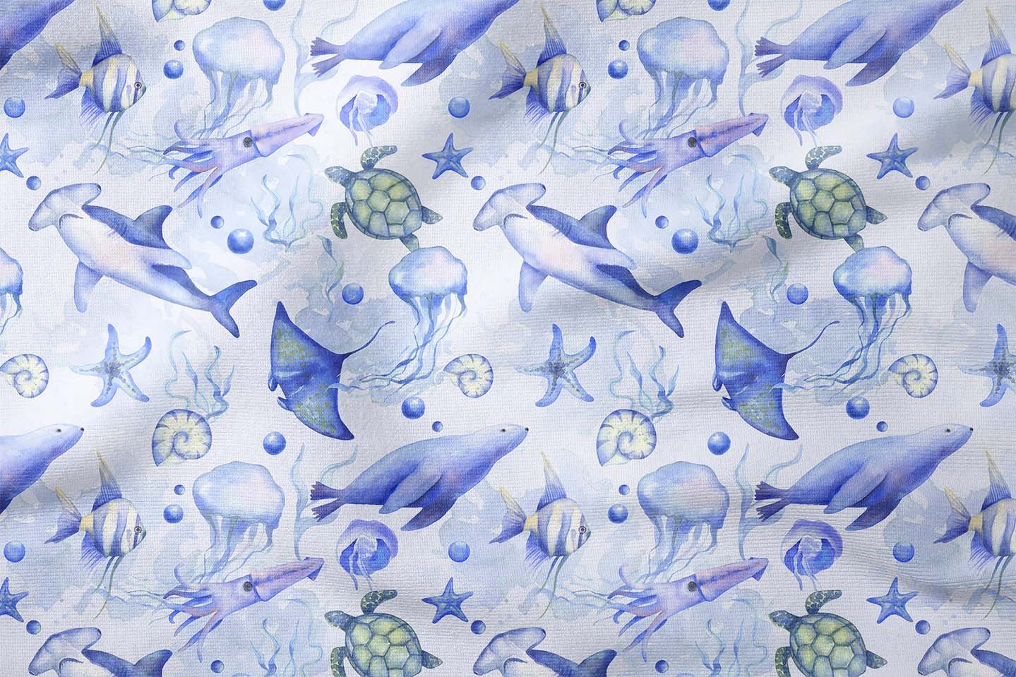 Minimal Deniz Canlıları Desenli Bebek ve Çocuk Kumaşı