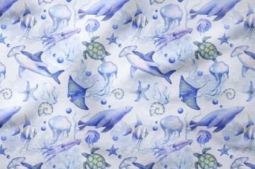 Minimal Deniz Canlıları Desenli Bebek ve Çocuk Kumaşı