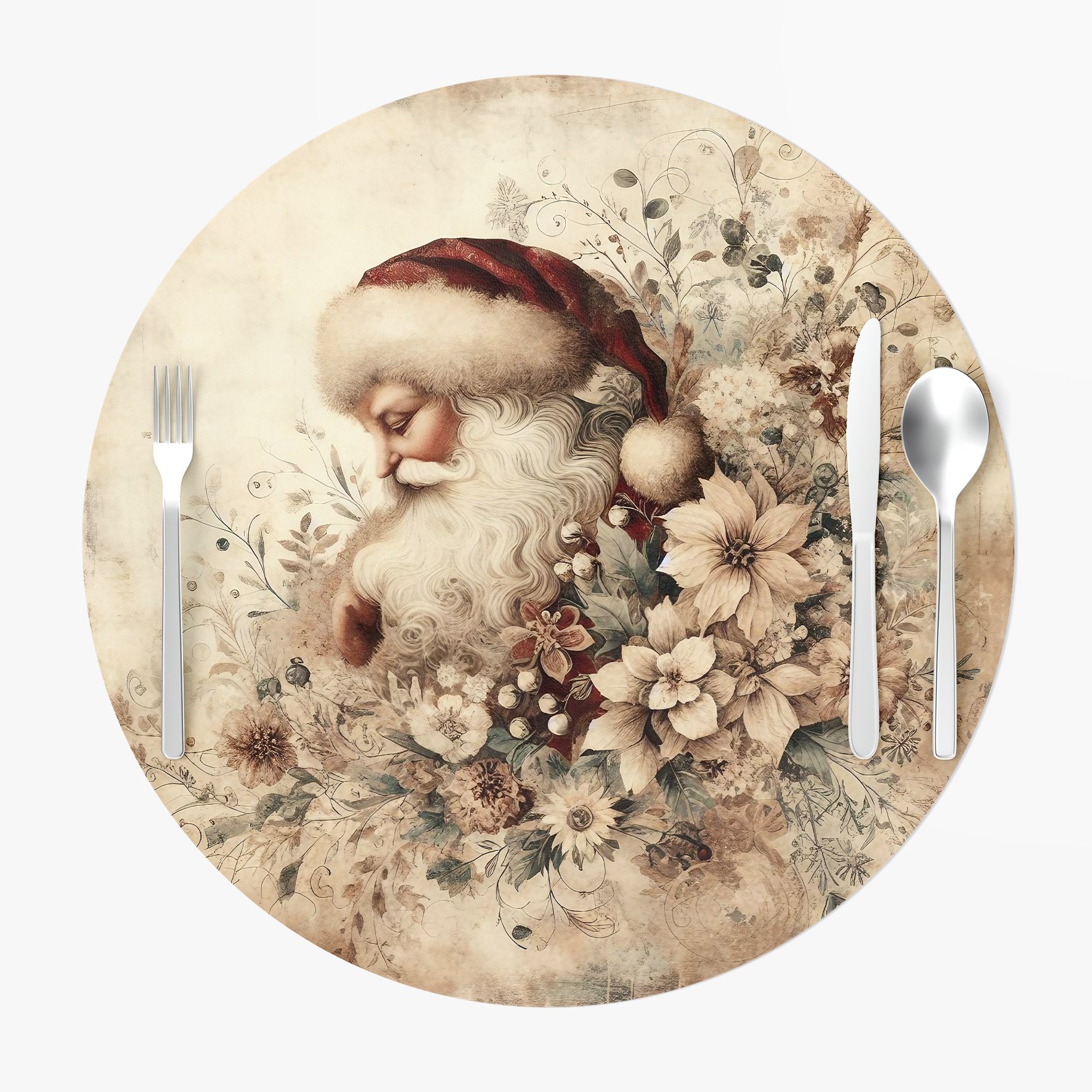 Yılbaşı Koleksiyonu- Servis Suplası Vintage Christmas Santa Claus Noel Baba 3'lü Set Kumaşı Dikilmemiş