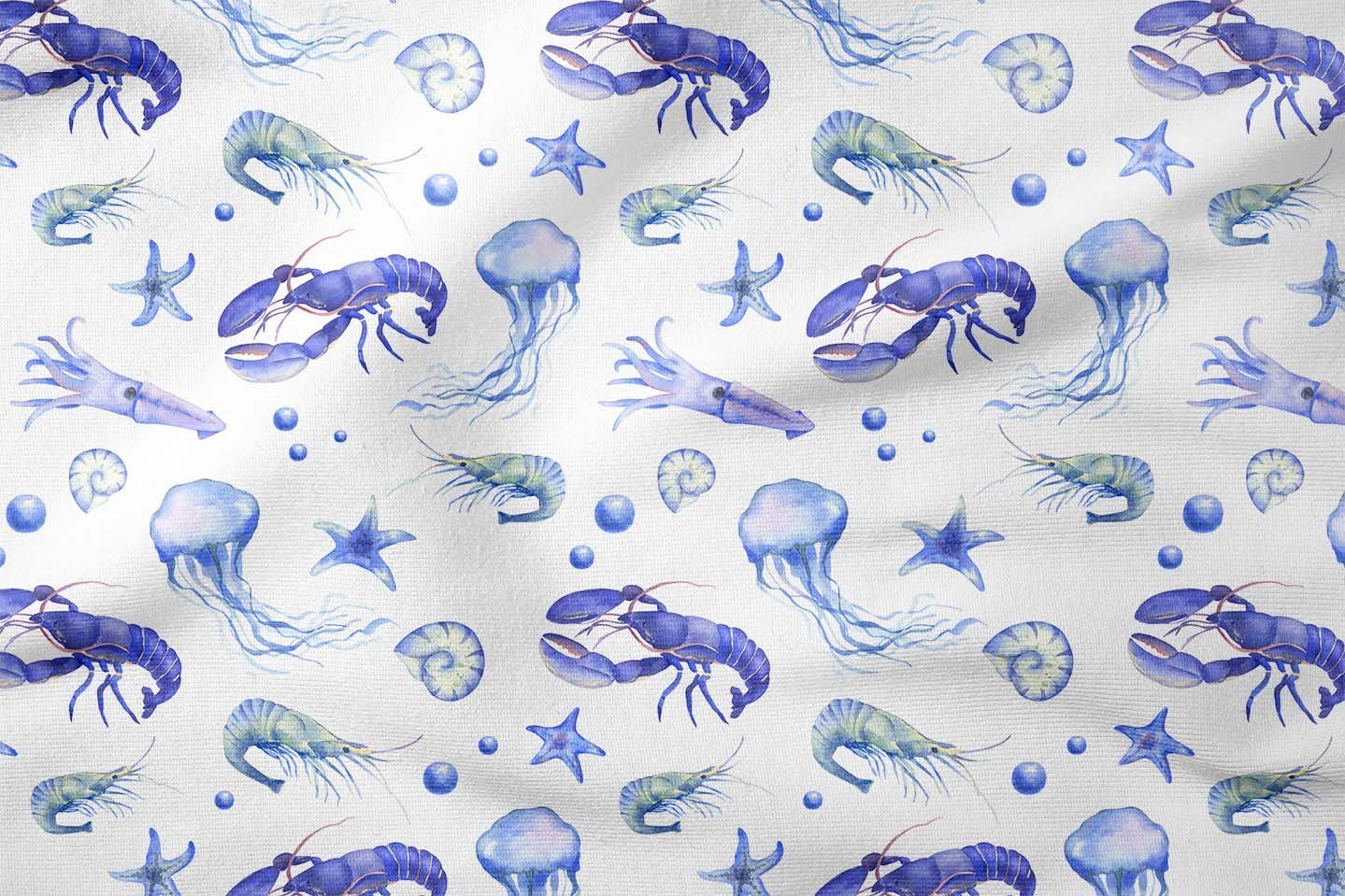Yaz Koleksiyonu Mavi Suluboya Denizatı Kabukluları Çok Amaçlı Dekoratif Dijital Baskı Kumaş
