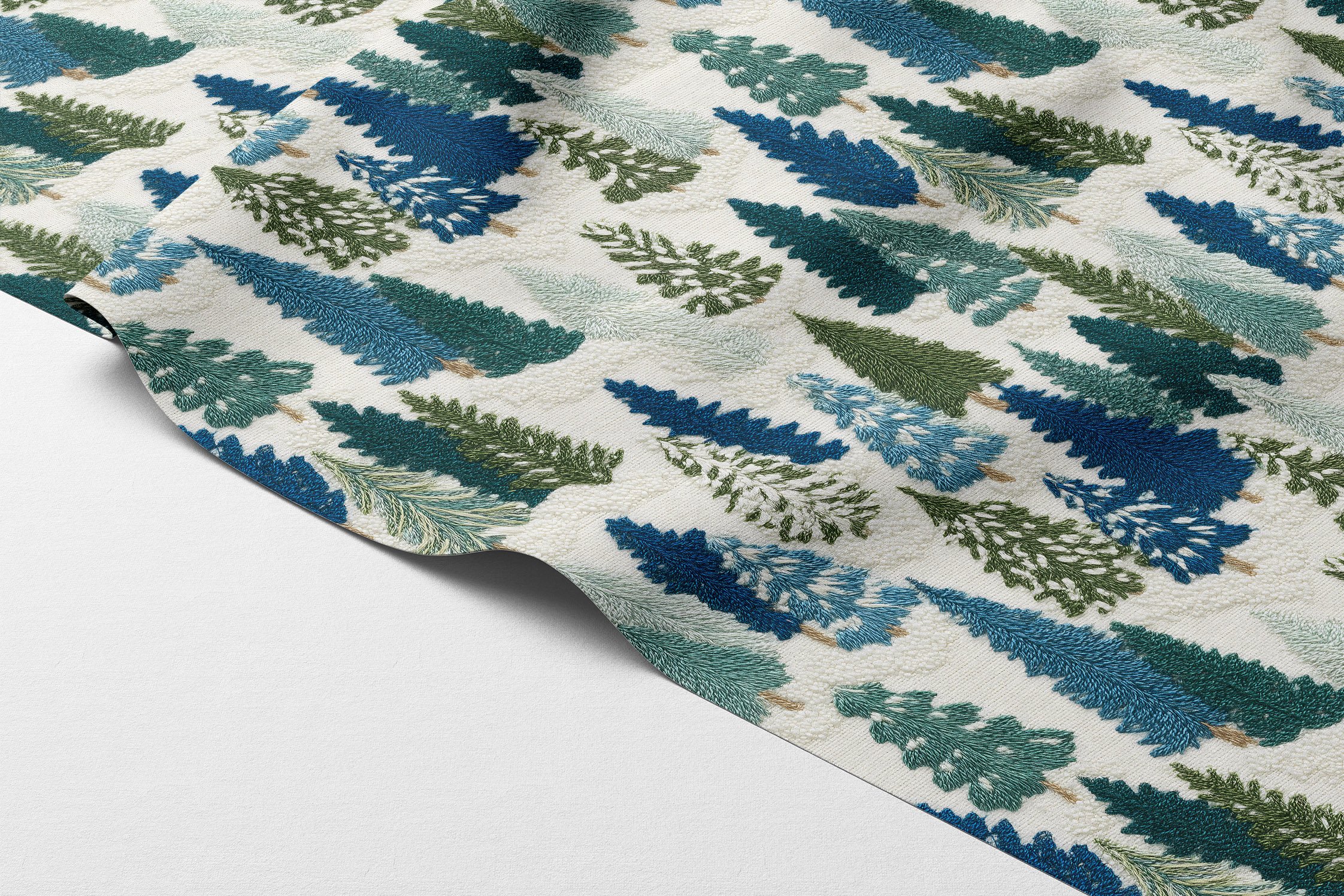 Yılbaşı Koleksiyonu- 3D Nakış Efektli Çam Ağaç Ormanı Çok Amaçlı Dekoratif Dijital Baskı Kumaş