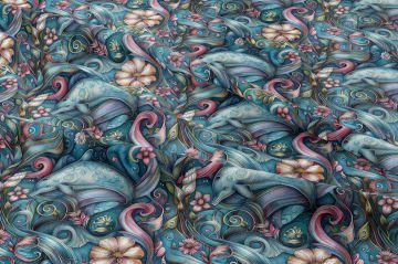 Sanatsal Yunus ve Dalga Desenli Deniz Temalı Dekoratif Kumaş