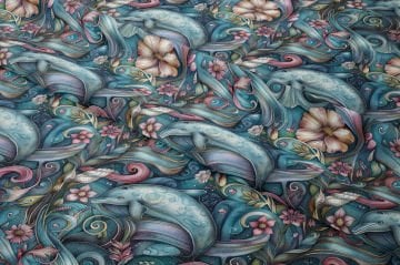 Sanatsal Yunus ve Dalga Desenli Deniz Temalı Dekoratif Kumaş