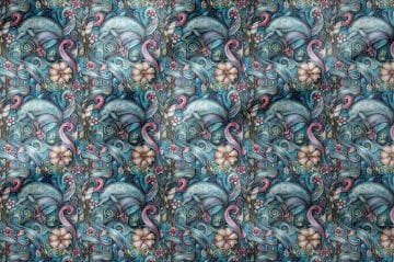 Sanatsal Yunus ve Dalga Desenli Deniz Temalı Dekoratif Kumaş