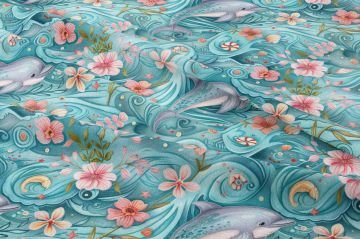 Pastel Yunus ve Dalga Desenli Deniz Temalı Dekoratif Kumaş