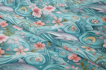 Pastel Yunus ve Dalga Desenli Deniz Temalı Dekoratif Kumaş