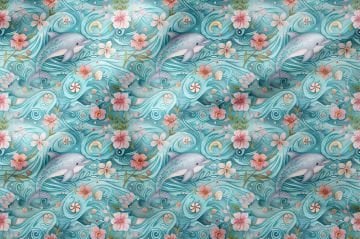 Pastel Yunus ve Dalga Desenli Deniz Temalı Dekoratif Kumaş