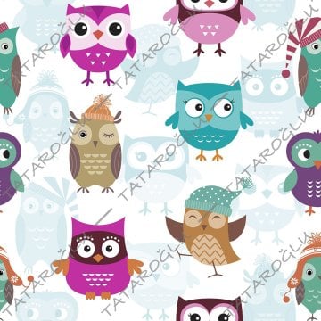 Beyaz Zemin Üzerine Turkuaz Gölgeli Sevimli Baykuşlar Desenli Dijital Baskılı Kumaş