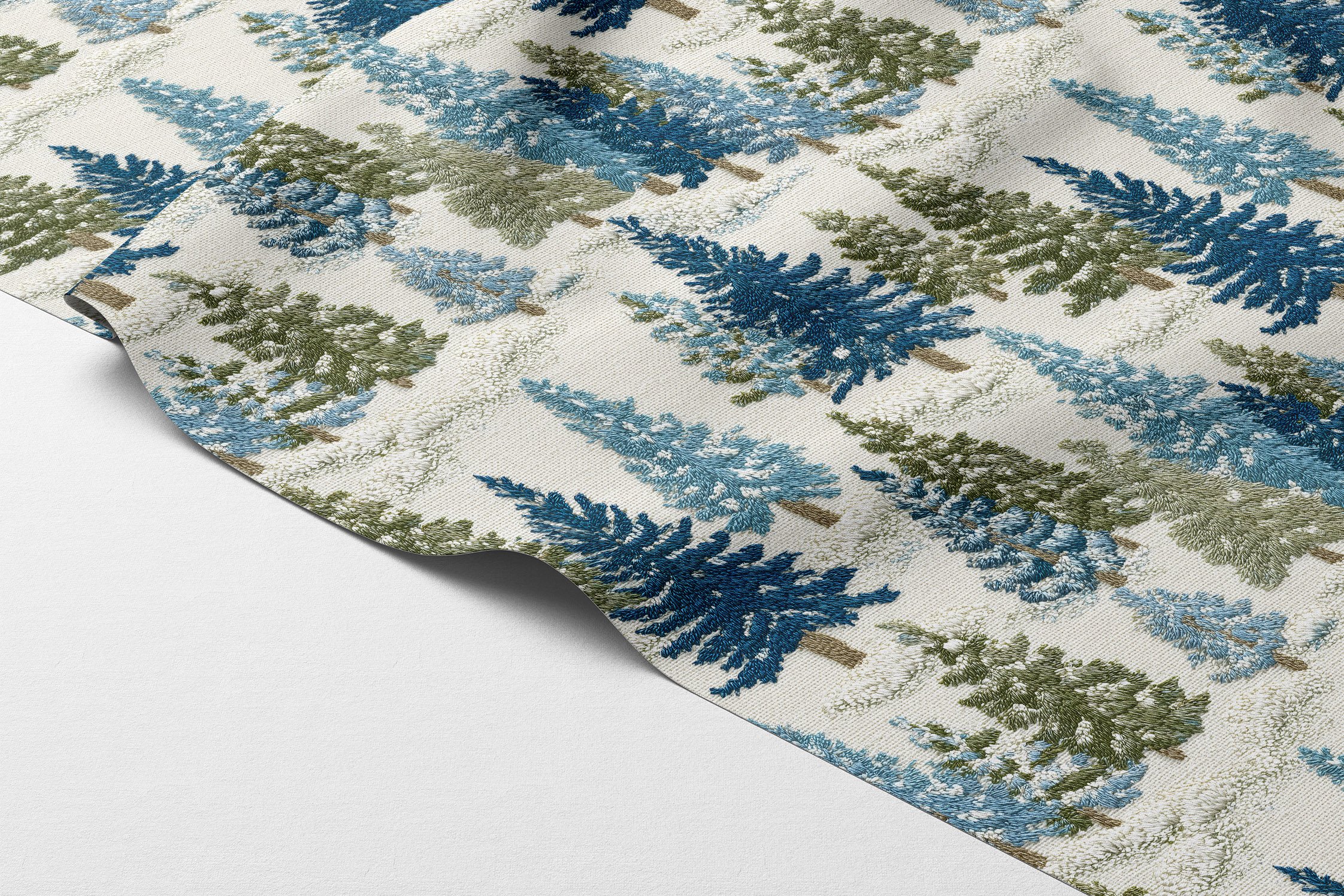 Yılbaşı Koleksiyonu- 3D Nakış Efektli Çam Ağaç Ormanı Çok Amaçlı Dekoratif Dijital Baskı Kumaş