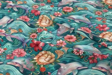 Çiçekli Yunus ve Dalga Desenli Deniz Temalı Dekoratif Kumaş