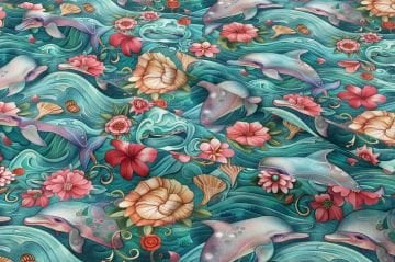 Çiçekli Yunus ve Dalga Desenli Deniz Temalı Dekoratif Kumaş