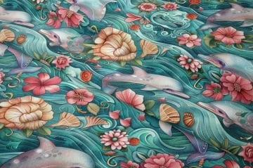 Çiçekli Yunus ve Dalga Desenli Deniz Temalı Dekoratif Kumaş
