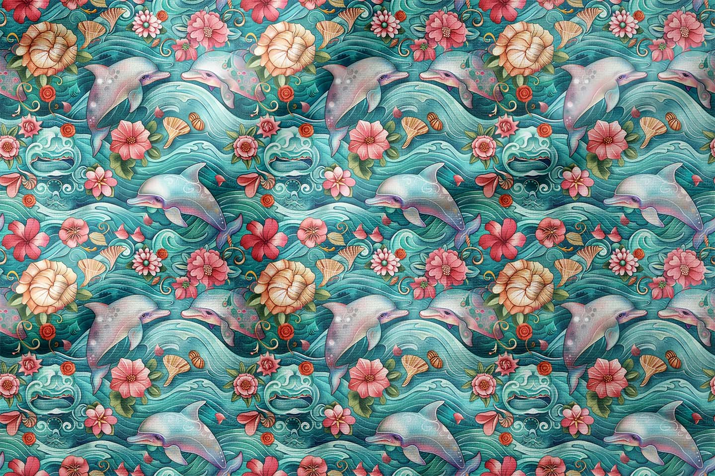 Çiçekli Yunus ve Dalga Desenli Deniz Temalı Dekoratif Kumaş