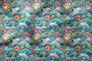 Çiçekli Yunus ve Dalga Desenli Deniz Temalı Dekoratif Kumaş