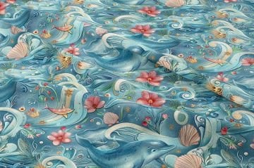 Mavi Yunus ve Dalga Desenli Deniz Temalı Dekoratif Kumaş