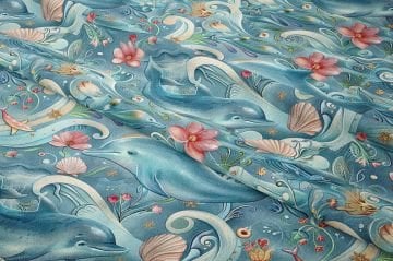 Mavi Yunus ve Dalga Desenli Deniz Temalı Dekoratif Kumaş