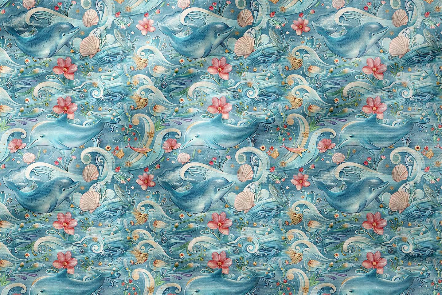 Mavi Yunus ve Dalga Desenli Deniz Temalı Dekoratif Kumaş