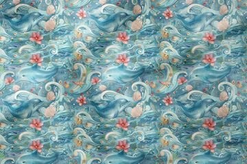 Mavi Yunus ve Dalga Desenli Deniz Temalı Dekoratif Kumaş