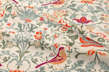 Mercan Kuşlu Botanik Desenli Kumaş – Vintage Çiçek ve Kuş Motifli Dijital Baskılı Dekoratif Kumaş