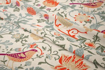 Mercan Kuşlu Botanik Desenli Kumaş – Vintage Çiçek ve Kuş Motifli Dijital Baskılı Dekoratif Kumaş