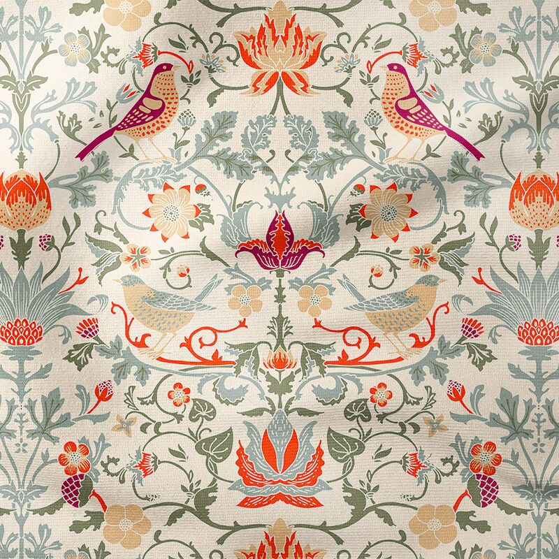 Mercan Kuşlu Botanik Desenli Kumaş – Vintage Çiçek ve Kuş Motifli Dijital Baskılı Dekoratif Kumaş