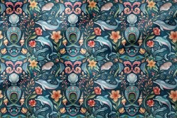 Lacivert Yunus ve Çiçek Desenli Deniz Temalı Dekoratif Kumaş