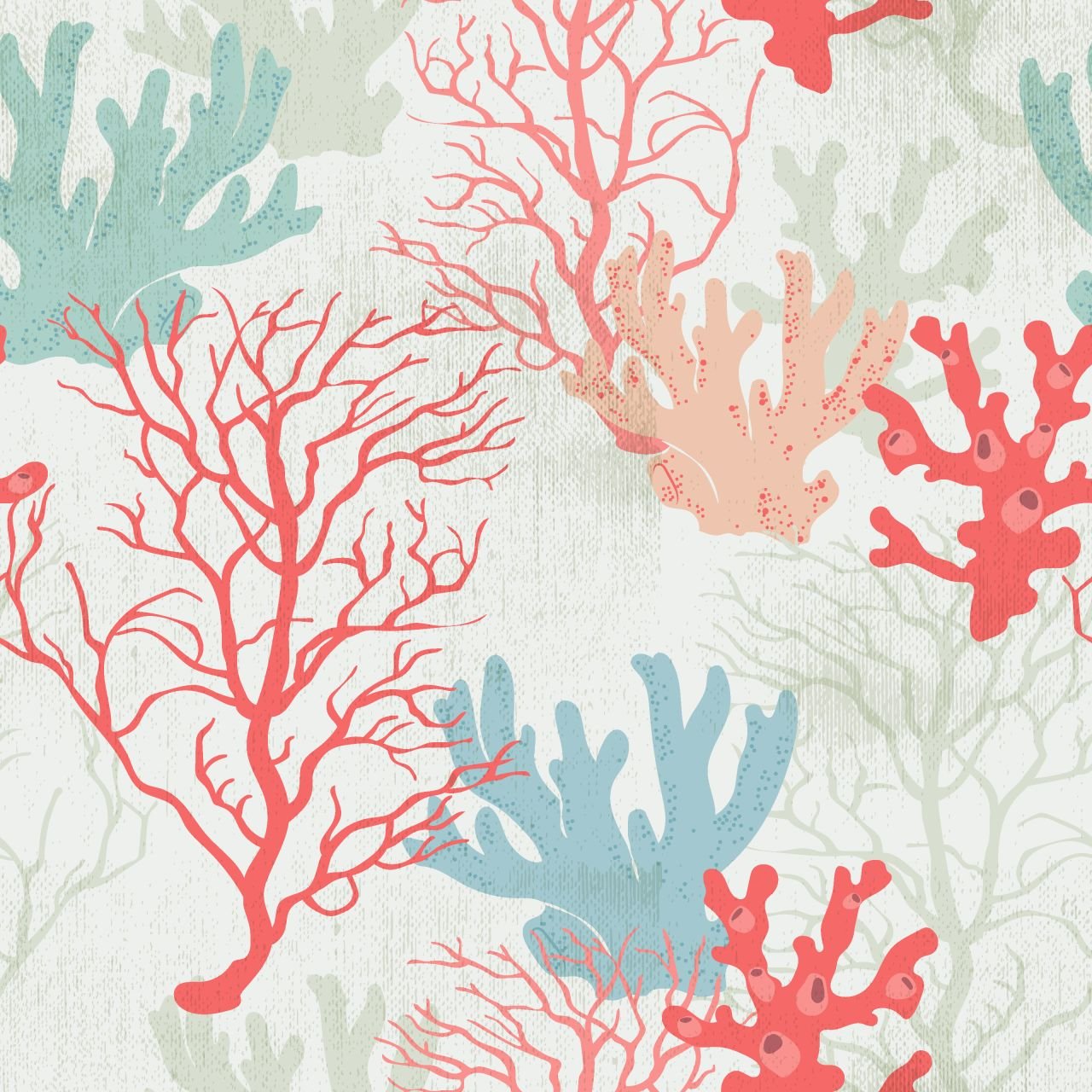 Eskitme Zemin Üzerine Mavi Turkuaz Somon Mercanlar Desenli Dijital Baskılı Kumaş