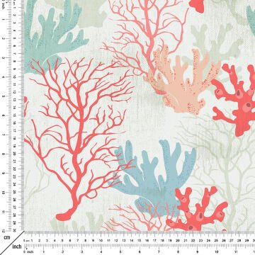 Eskitme Zemin Üzerine Mavi Turkuaz Somon Mercanlar Desenli Dijital Baskılı Kumaş