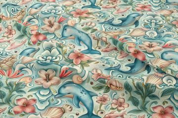 Yaz Koleksiyonu Çiçekler Arasında Yunus Balıkları Denizatı Çok Amaçlı Dekoratif Dijital Baskı Kumaş