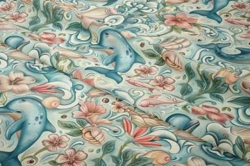 Pastel Yunus ve Çiçek Desenli Deniz Temalı Dekoratif Kumaş