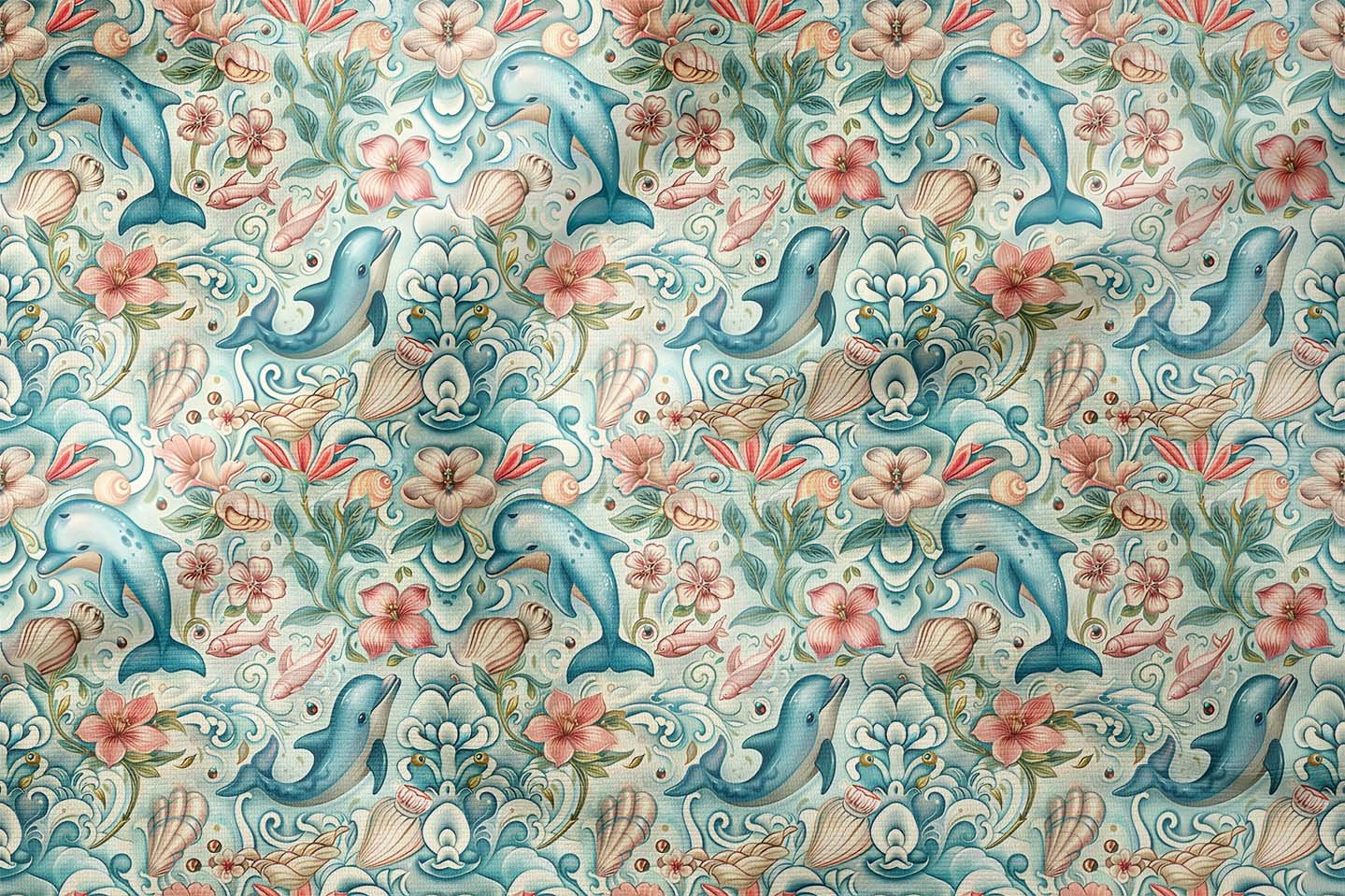 Yaz Koleksiyonu Çiçekler Arasında Yunus Balıkları Denizatı Çok Amaçlı Dekoratif Dijital Baskı Kumaş