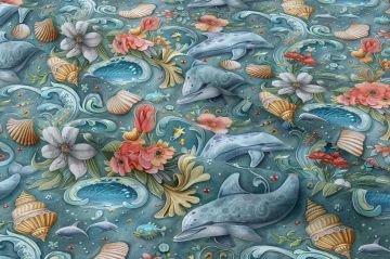 Vintage Yunus ve Çiçek Desenli Deniz Temalı Dekoratif Kumaş