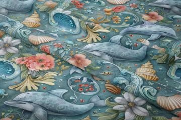 Vintage Yunus ve Çiçek Desenli Deniz Temalı Dekoratif Kumaş