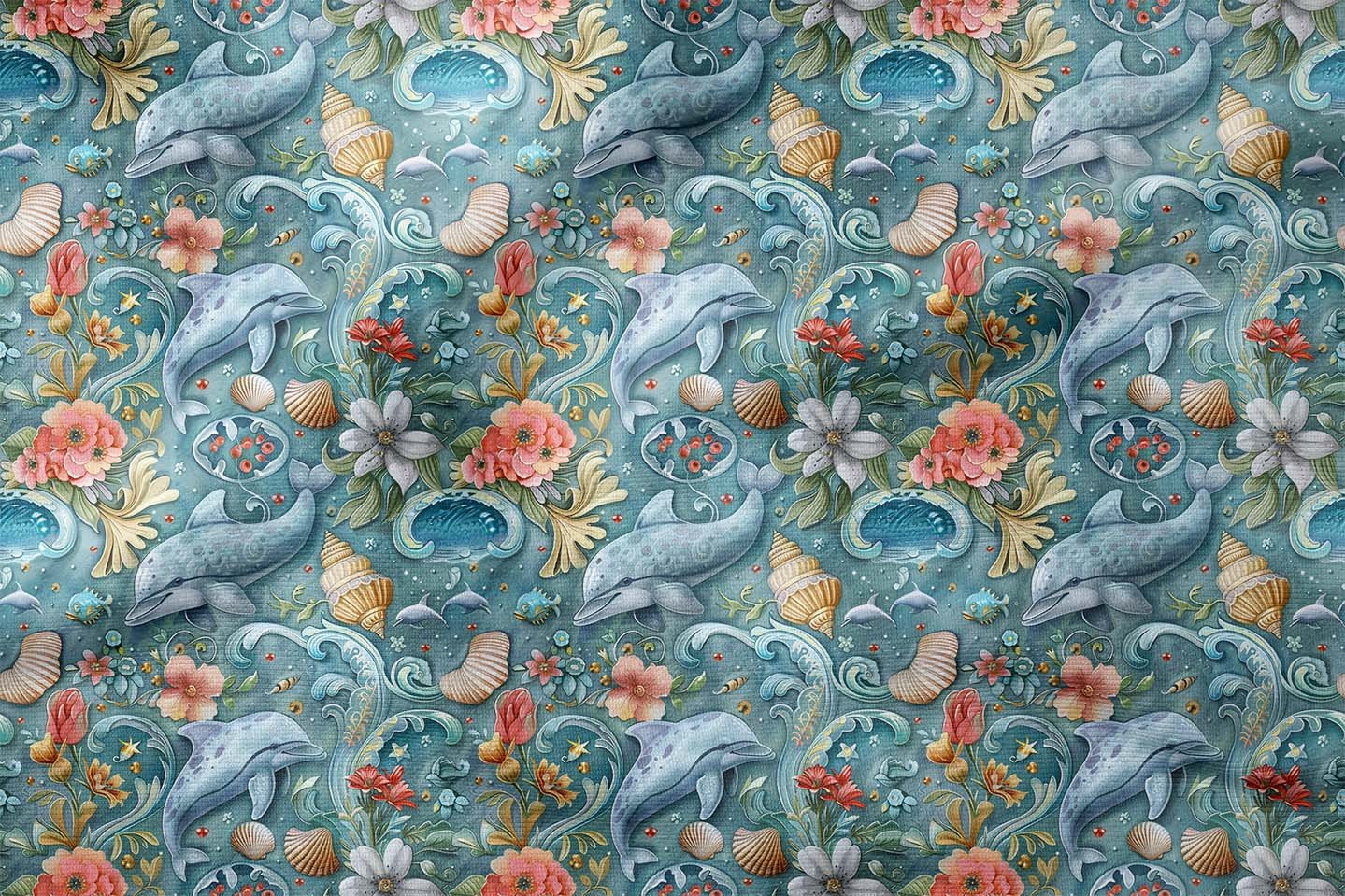 Vintage Yunus ve Çiçek Desenli Deniz Temalı Dekoratif Kumaş