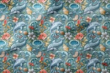 Vintage Yunus ve Çiçek Desenli Deniz Temalı Dekoratif Kumaş