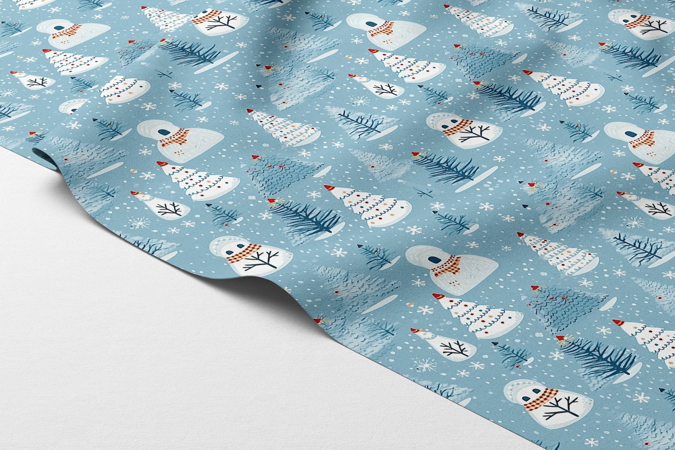 Yılbaşı Koleksiyonu- Suluboya Efektli Çam Ağaçları Orman Evleri Çok Amaçlı Dekoratif Dijital Baskı Kumaş