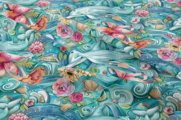 Renkli Yunus ve Çiçek Desenli Deniz Temalı Dekoratif Kumaş