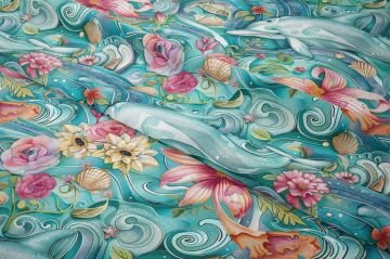 Renkli Yunus ve Çiçek Desenli Deniz Temalı Dekoratif Kumaş