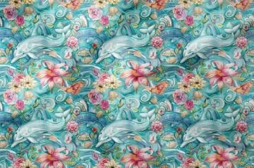 Renkli Yunus ve Çiçek Desenli Deniz Temalı Dekoratif Kumaş