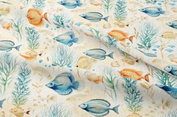 Soft Renkli Balık ve Deniz Bitkileri Desenli Dekoratif Kumaş