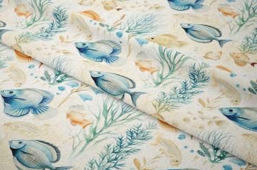 Soft Renkli Balık ve Deniz Bitkileri Desenli Dekoratif Kumaş