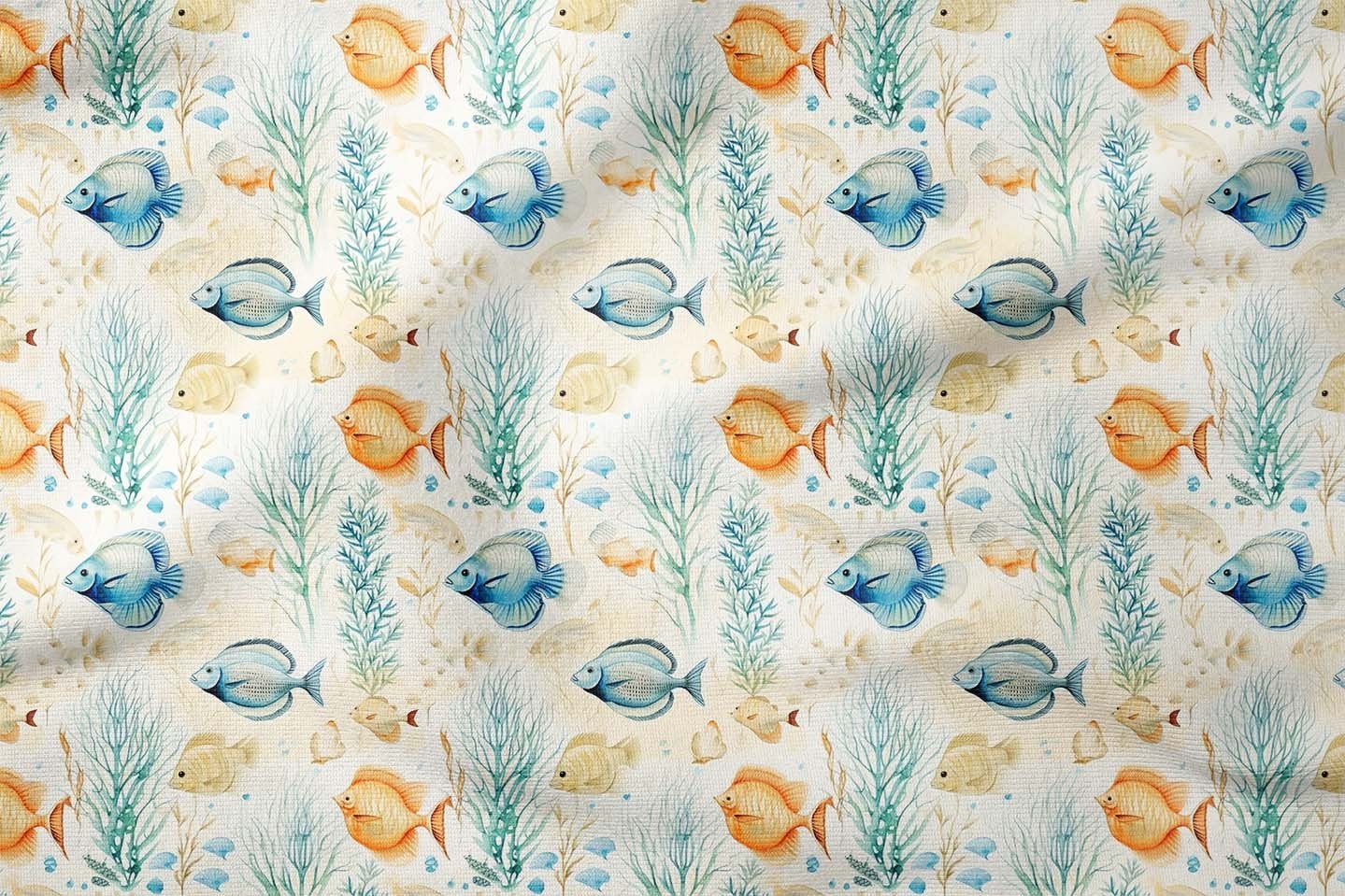 Soft Renkli Balık ve Deniz Bitkileri Desenli Dekoratif Kumaş