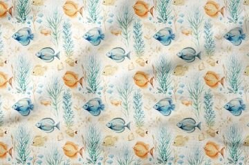 Soft Renkli Balık ve Deniz Bitkileri Desenli Dekoratif Kumaş