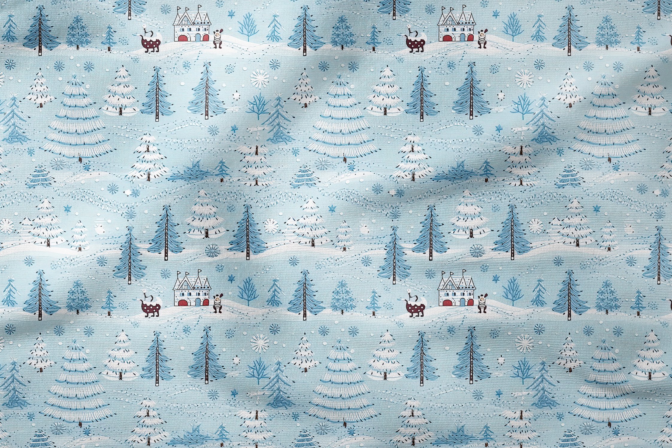 Yılbaşı Koleksiyonu- Suluboya Efektli Çam Ağaçları Orman Evleri Çok Amaçlı Dekoratif Dijital Baskı Kumaş