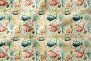 Vintage Renkli Balık ve Mercan Desenli Deniz Temalı Kumaş