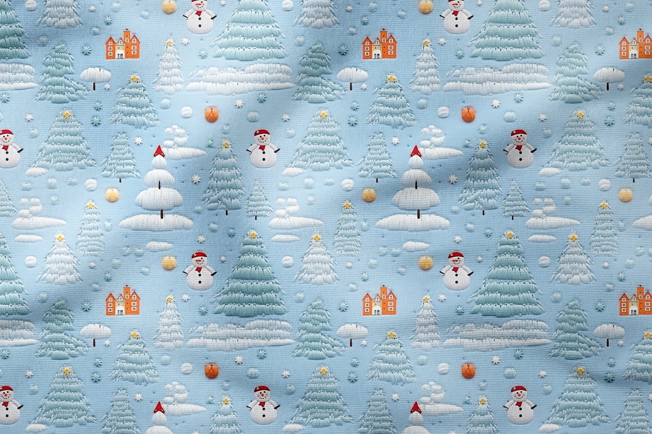 Yılbaşı Koleksiyonu- Nakış Efektli Çam Ağaçları Orman Evleri Kardan Adamlar Çok Amaçlı Dekoratif Dijital Baskı Kumaş