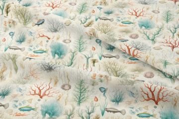 Soft Deniz Altı Mercan ve Balık Desenli Dekoratif Kumaş