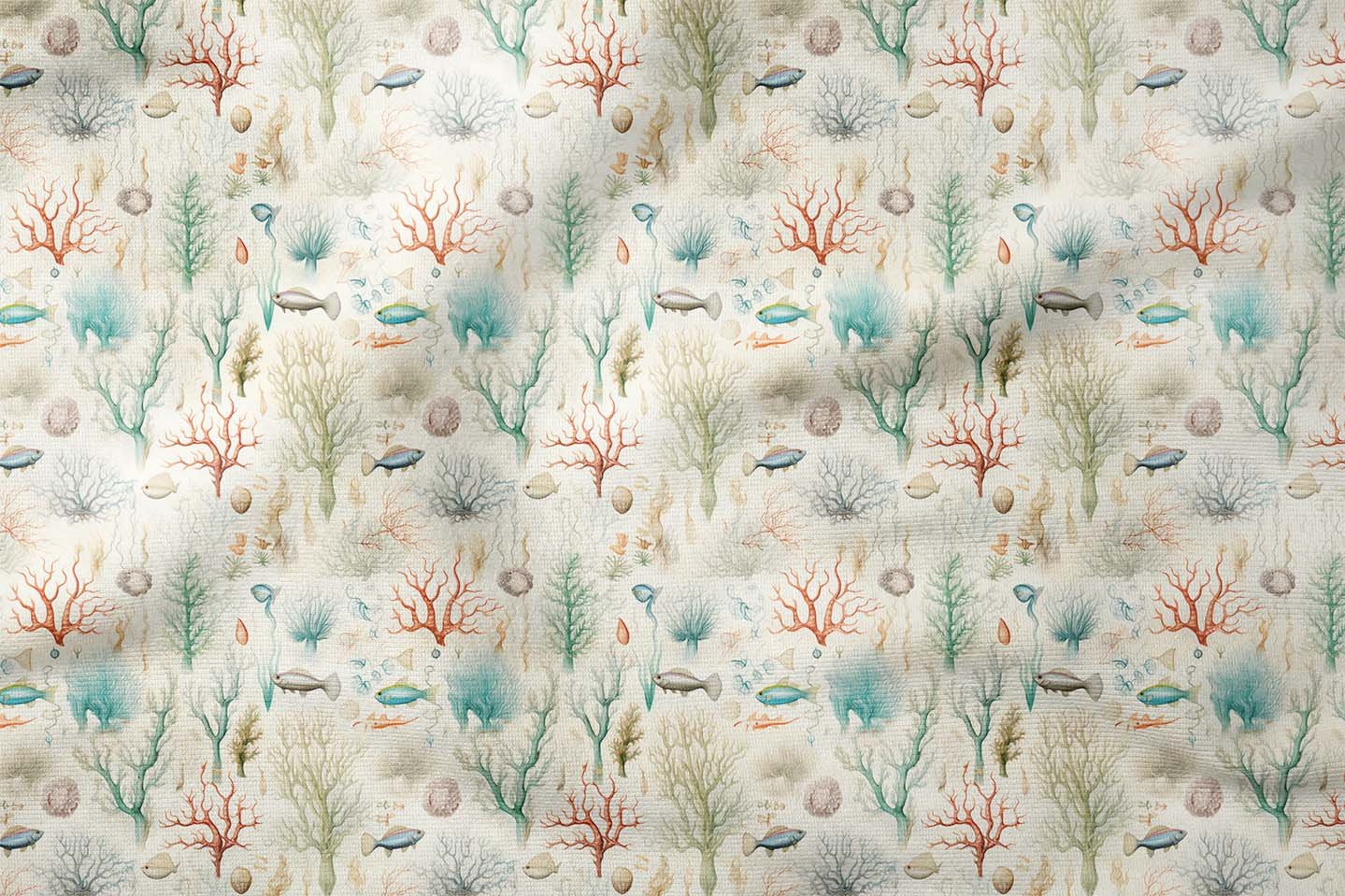 Soft Deniz Altı Mercan ve Balık Desenli Dekoratif Kumaş