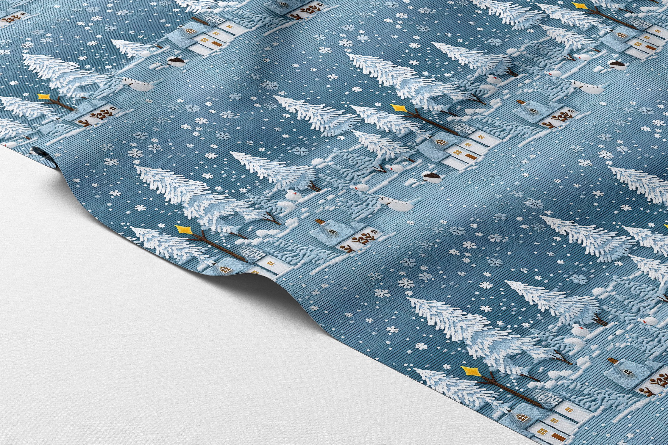 Yılbaşı Koleksiyonu- Nakış Efektli Çam Ağaçları Orman Evleri Kardan Adamlar Çok Amaçlı Dekoratif Dijital Baskı Kumaş