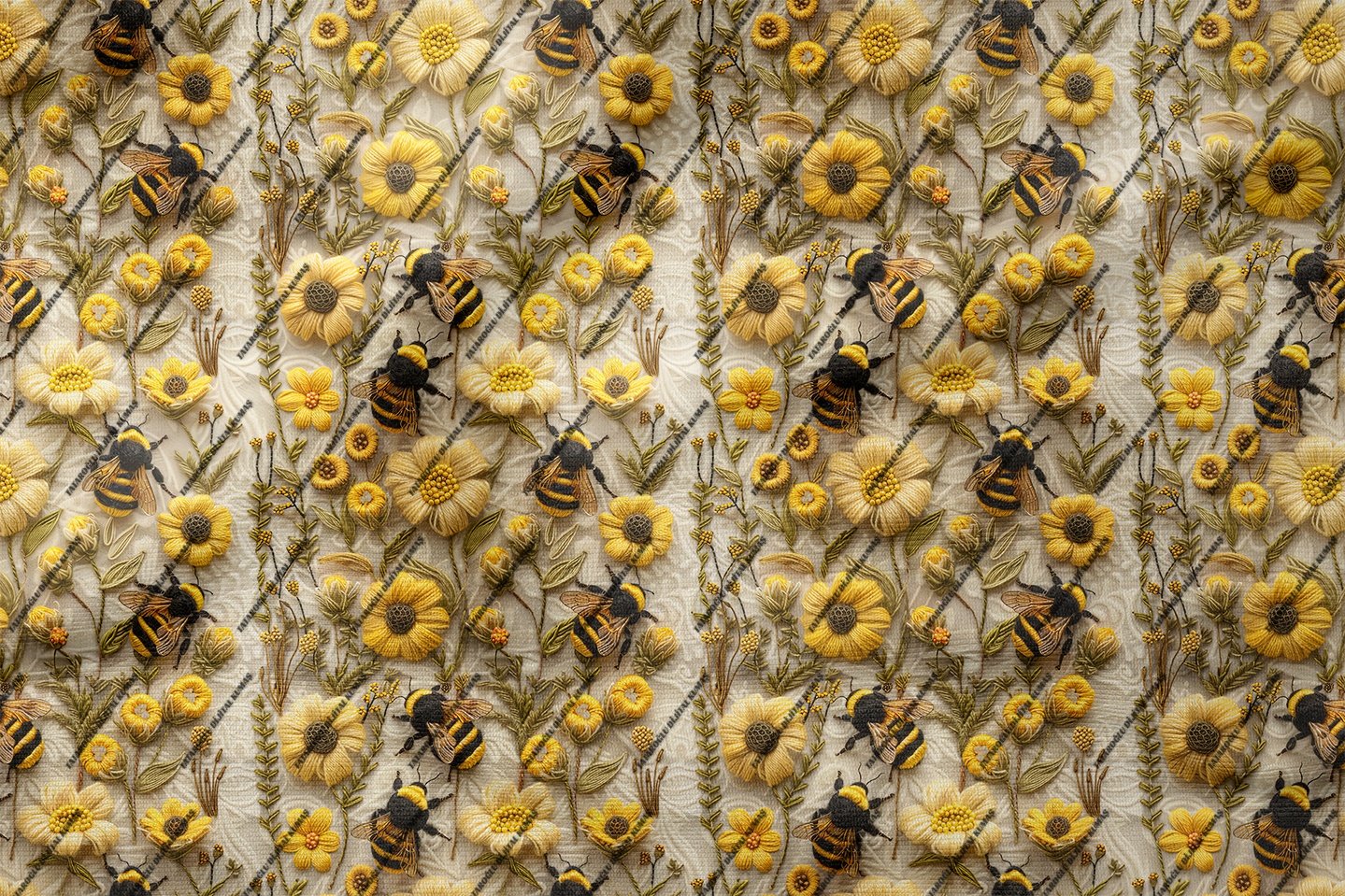 3D Renkli Örgü Papatyalar Arasında Arı Desenli Çok Amaçlı Dekoratif Tasarım Dijital Baskı Kumaş